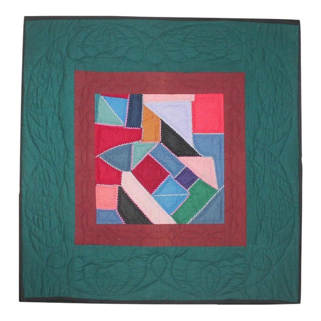 Antique Quilt, Amish Contained Crazy Crib Quilt Mounted For Sale