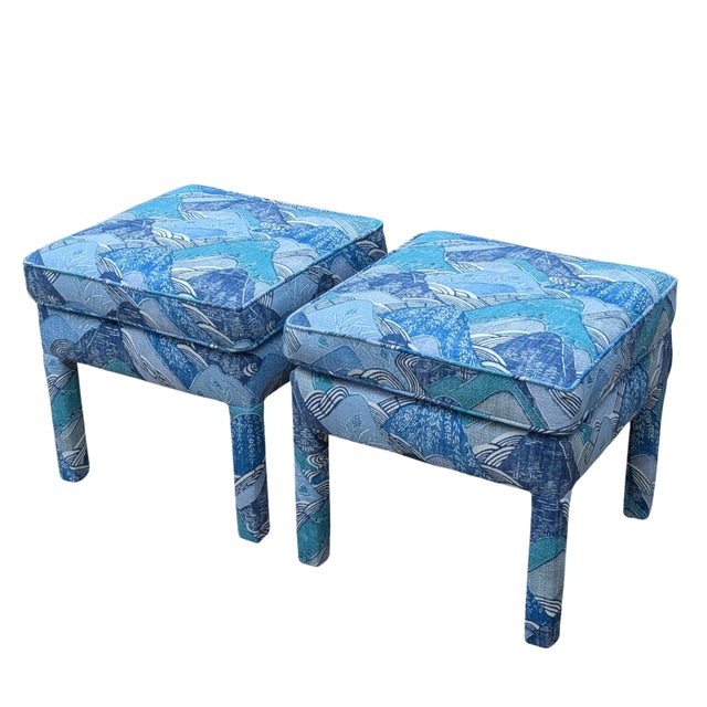 Transitional Lee Jofa Kelly Wearstler Edo Linen in Teal Parsons Ottomans - a Pair For Sale - Image 3 of 9