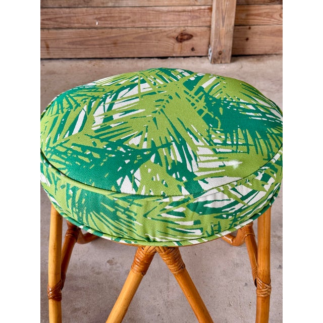 Green Mid-20th Century Refinished Bent Rattan Ottoman or Footstool With Custom Palm Leaf Upholstery For Sale - Image 8 of 12