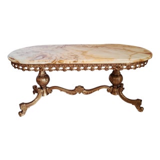 Vintage Rococo Style Onyx, Brass and Marble Coffee Table, Italy, 1970s For Sale