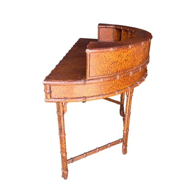 Ornamental & Decorative Materials Vintage Faux Bamboo Tortoise Finish Rattan-Style Writing Desk With Gallery Back and Storage Drawers For Sale - Image 7 of 15