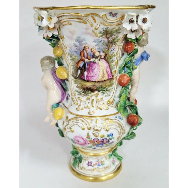 Ceramic Pair Antique German 19th C Putti Baby Meissen Porcelain Hand Painted Vases Urns For Sale - Image 7 of 15