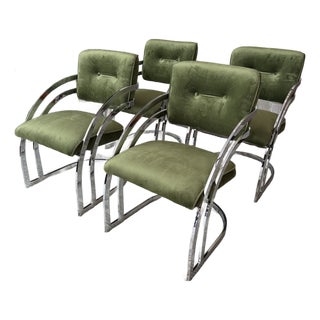 Vintage 1970s Chrome Cantilever Velvet Dining Chairs After Milo Baughman For Sale