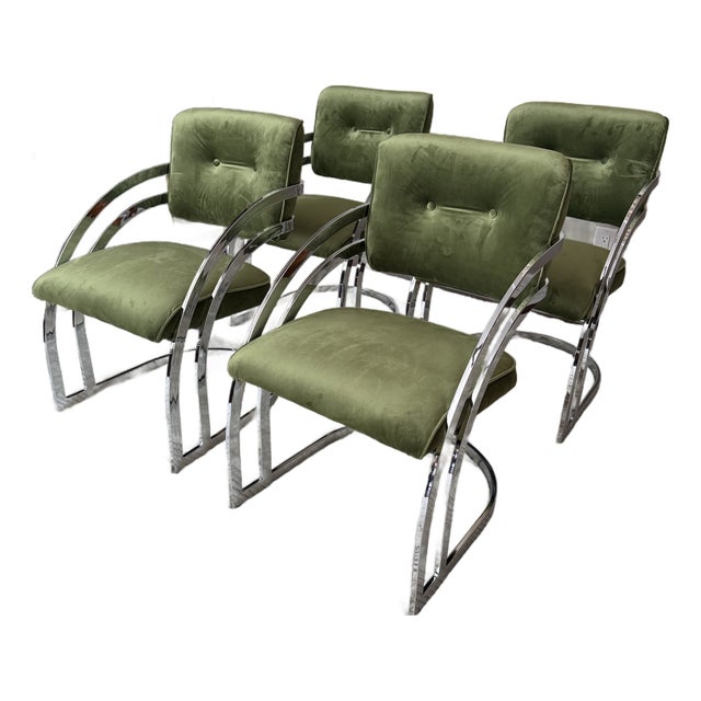 Vintage 1970s Chrome Cantilever Velvet Dining Chairs After Milo Baughman For Sale