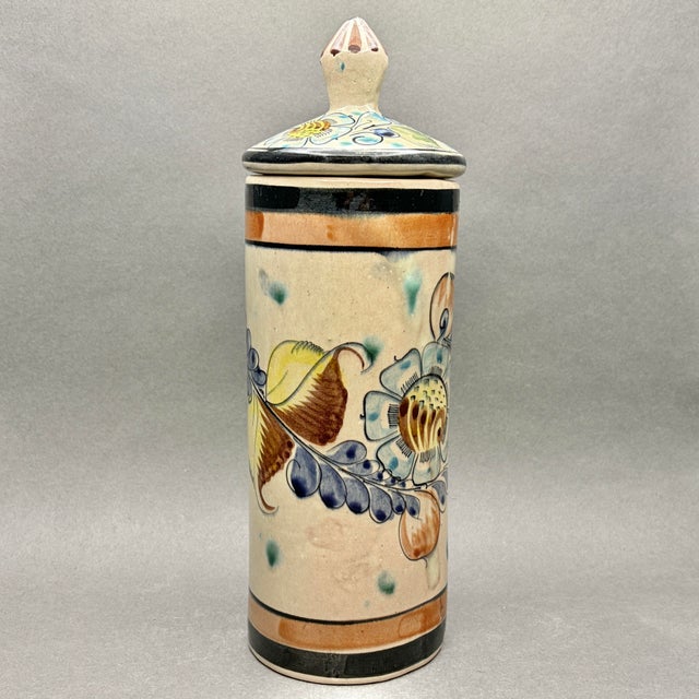 • CAT Tonalá hand painted ceramic lidded canister, numbered 354. • Made in Tonalá, Mexico, circa 1970s–1980s. • Cream...