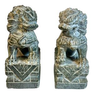 1970s Vintage Chinoiserie Boho Chic Hand Carved Granite Foo Dogs Sculptures - A Pair.