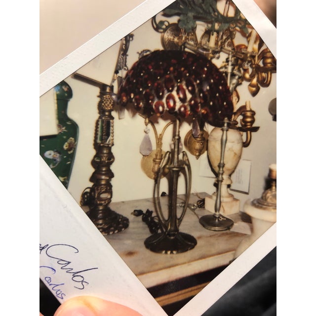 This is a very unusual French Art Nouveau Lamp. It is bronze and the design is of two elongated bronze birds. The shade is...