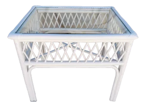 Vintage Ficks Reed Style White Bamboo Lattice Pattern Glass Top End Table