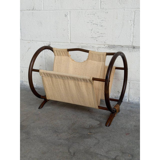 Beige Rattan Magazine Rack With Canvas Holder Mid-Century Modern 1970s For Sale - Image 10 of 10