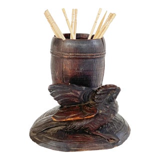 Antique 19thC Black Forest Match Holder/Toothpick Holder With Carved Bird and Barrel For Sale