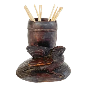 Antique 19thC Black Forest Match Holder/Toothpick Holder With Carved Bird and Barrel