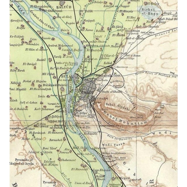 Early 20th century map of the environs of Cairo from an Egyptian travel atlas. Combined shipping available, please inquire.
