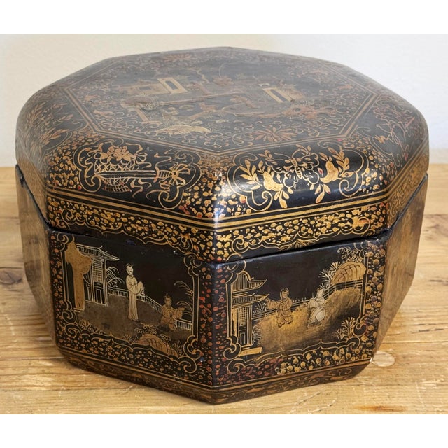 Chinoiserie Antique Chinoiserie Lacquered Tea Caddy Box For Sale - Image 3 of 13