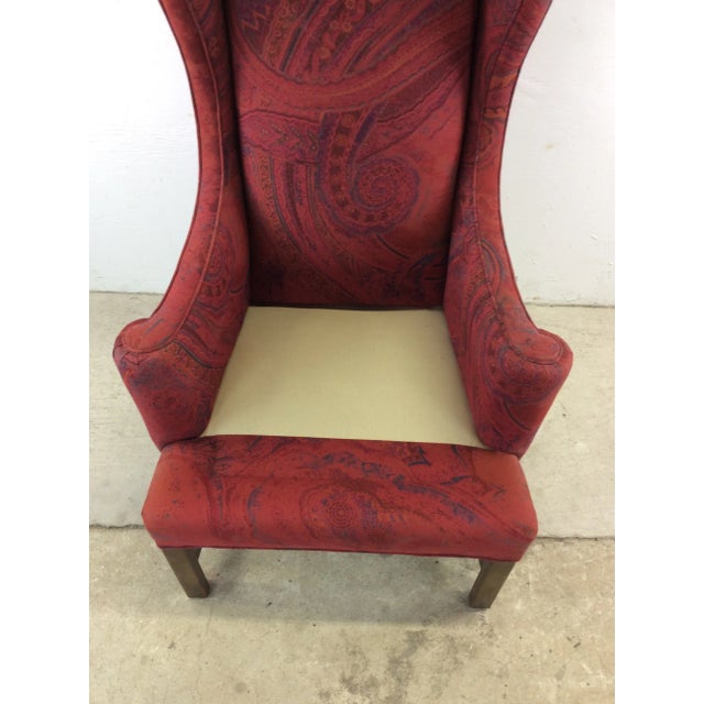 Vintage Upholstered Wingback Chair With Wood Base For Sale - Image 9 of 12