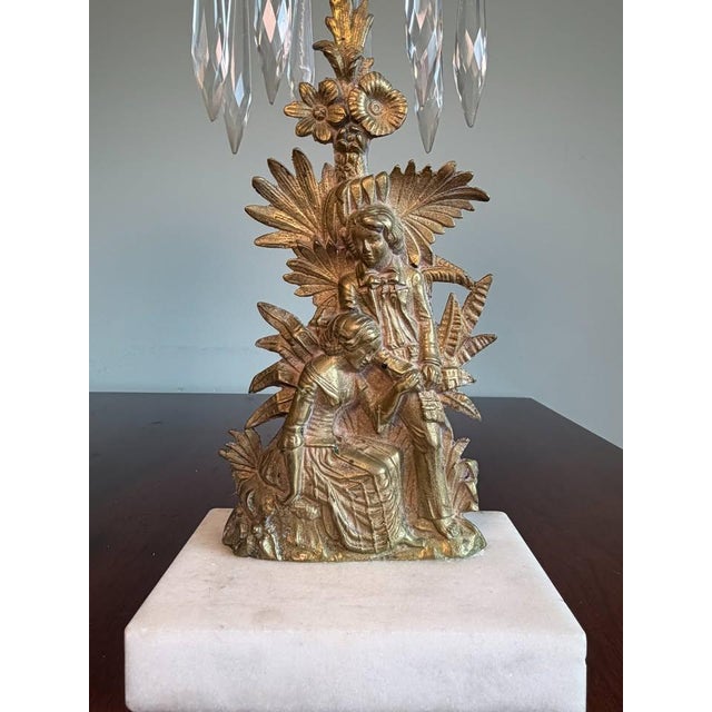 Cornelius & Co. Antique Victorian Cornelius & Co. Gilt Mantel Lusters, Crystal Girandoles, Gold Figural Candlesticks Candelabra Marble 1800’s For Sale - Image 4 of 12