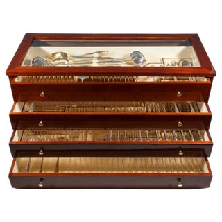 Art Deco Silver Cutlery Set for 12 in Showcase attributed to Bruckmann &Sons Germany, 1920s, Set of 140 For Sale