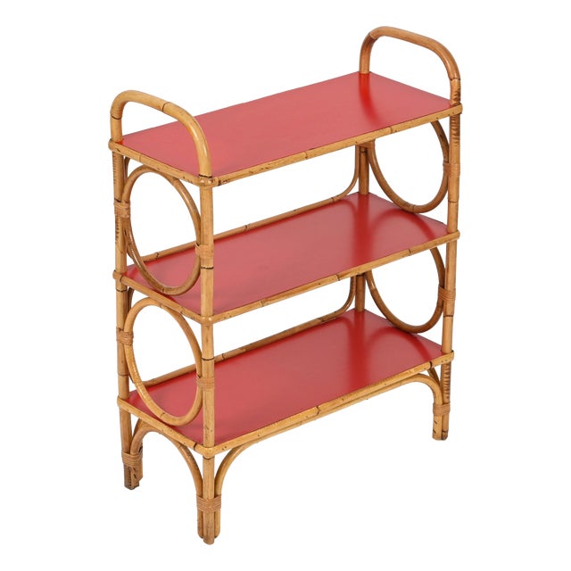 Italian Bookcase in Rattan and Red Laminate from Vivai del Sud, 1970s For Sale