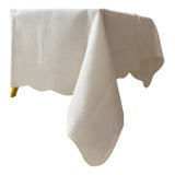 Mid 20th Century Exquisite Yellow Scalloped Edge Tablecloth 48 X 48” With 6 Matching Napkins For Sale