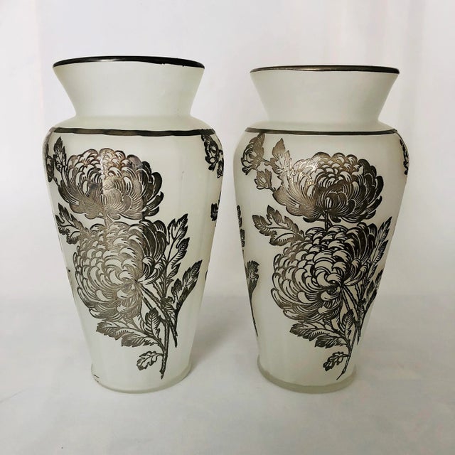 Vintage Frosted Glass Silver Overlay Floral Design Vases S/2 For Sale In New York - Image 6 of 6