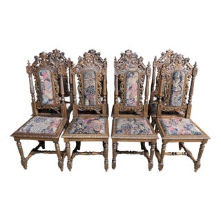 Antique French Carved Oak Dining Chairs, 1880, Set of 8 For Sale