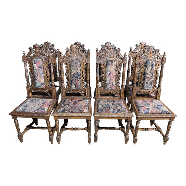 Antique French Carved Oak Dining Chairs, 1880, Set of 8 For Sale