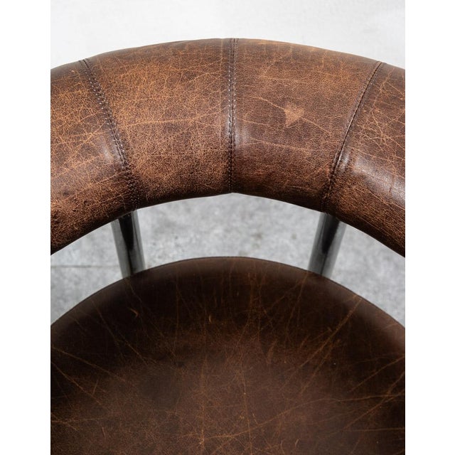1960s Mid Century Danish Modern Lounge Chair Brown Leather Round Back Steel Cobra Seat For Sale - Image 9 of 12