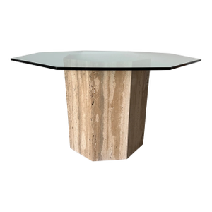 Italian Postmodern Octagonal Travertine Pedestal Dining Table With Glass Top