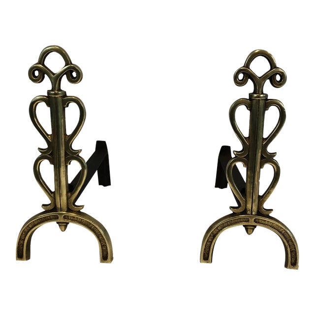 1940s In the Style of Raymond Subes Brass and Wrought Iron Andirons, French - a Pair For Sale