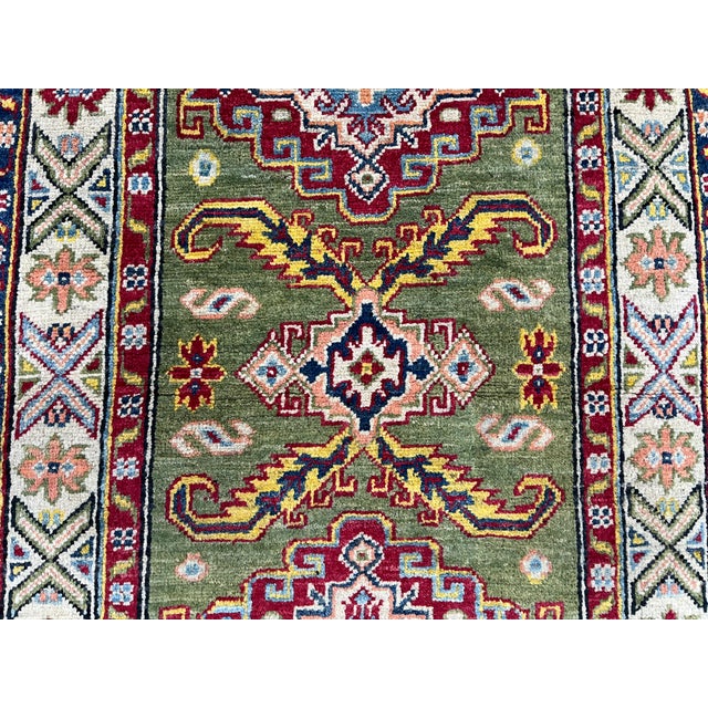 Olive Green and Cream Kazak-Style Wool Runner Rug, Natural Dyes, 2'9