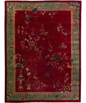 Antique Art Deco Handmade Chinese Floral Pattern Red Wool Rug