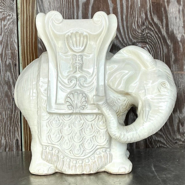 Boho Chic Vintage Boho Glazed Ceramic Elephant Low Stool For Sale - Image 3 of 9