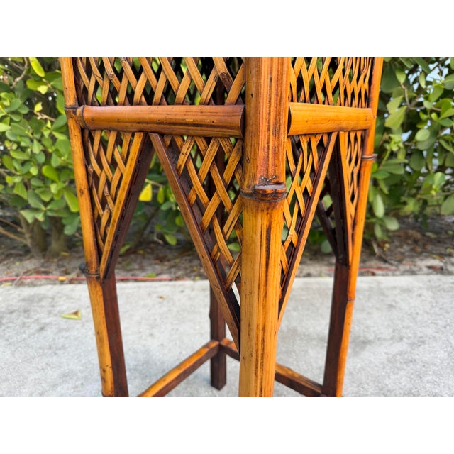Late 20th Century Vintage 34” Burnt Split Bamboo & Woven Rattan Pedestal Plant Stand For Sale - Image 5 of 8