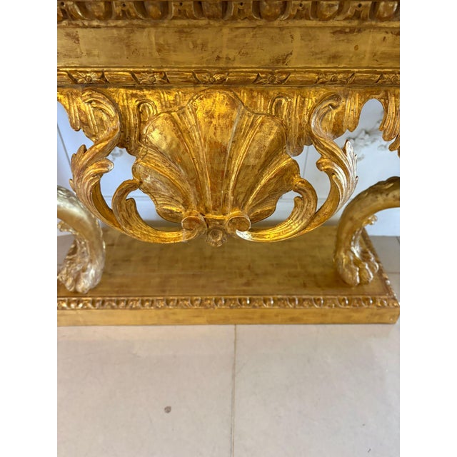 Antique Baroque Revival Italian Giltwood Console Tables with Breccia Marble Tops and Lion's Paw Supports, 1850s, Set of 2 For Sale - Image 14 of 15