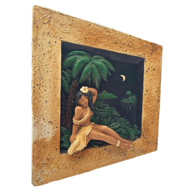 Set of two Mid-century Starry Night 3d art pottery wall sculptures featuring a Hula Girl & Ukulele Boy matching set. Each...