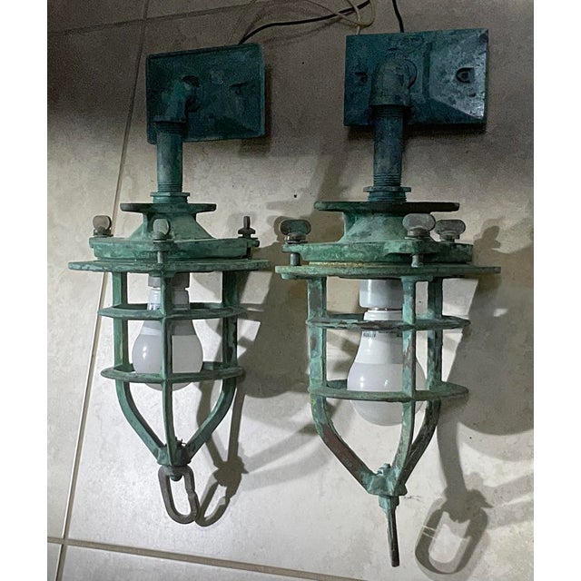 1950s Pair of Antique Bronze Nautical Marine Wall Sconces, or Convoy Lights For Sale - Image 5 of 11