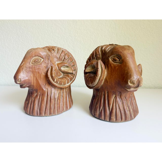1970s Carved Wood Rams Head Bookends by Sarreid Spain 1970s - A Pair For Sale - Image 5 of 13