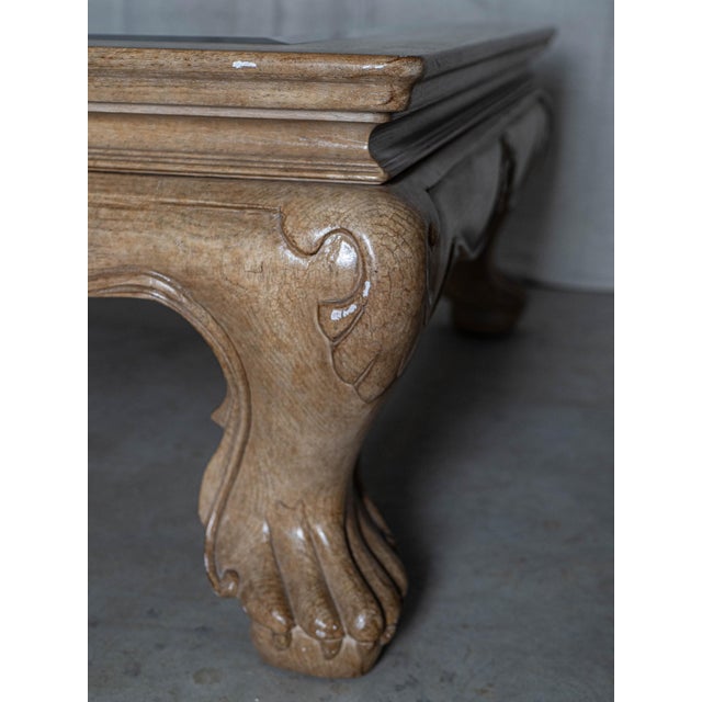 American Vintage Marge Carson Carved Wood Glass Top Coffee Table For Sale - Image 3 of 8