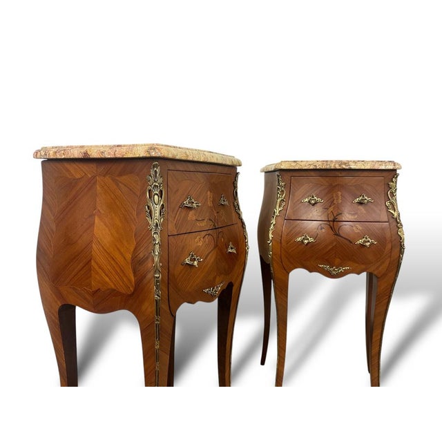 Metal Louis XVI French Marquetry Bedside Tables with Marble Tops, Set of 2 For Sale - Image 7 of 16