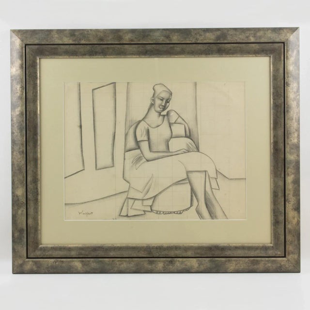 1930s Cubist Woman Study Black Pencil Drawing by Wouyart For Sale - Image 5 of 13
