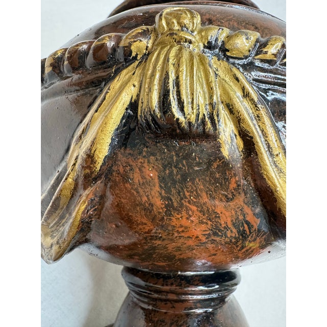 Vintage Italian Renaissance Style Glazed Ceramic Embossed Urn, Gold & Brown For Sale - Image 10 of 12