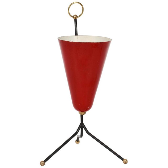 Italian Tripod Conical Red Lacquered Metal and Brass Table Lamp, 1950s For Sale - Image 9 of 9