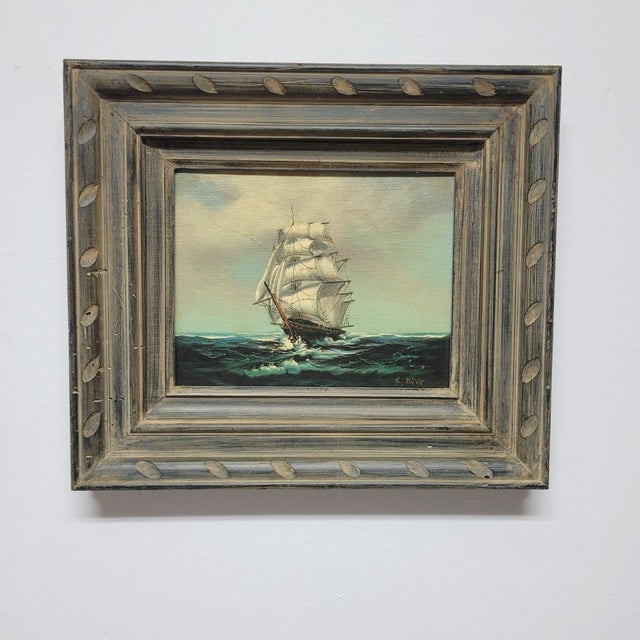 Traditional Vintage Signed Marine Oil Painting of a Clipper Ship at Sea in Distressed Frame For Sale - Image 3 of 6