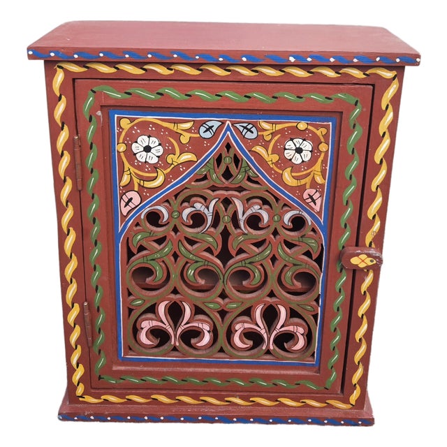 Hand Painted Mediterranean Medicine Cabinet / Wall Shelf / Brick Red Zouak For Sale