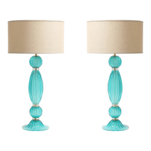 Pair of Hand-Blown Aquamarine Murano Fluted Glass Table Lamps W/ 24 Karat Gold