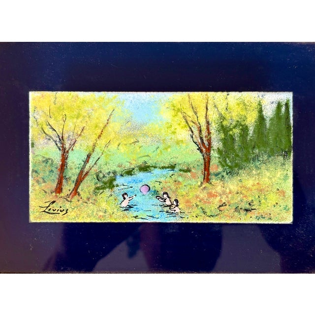 Framed Enamel on Copper Art by Livius Impressionist Style Landscape Children Playing in River, Small Painting. For Sale - Image 4 of 7