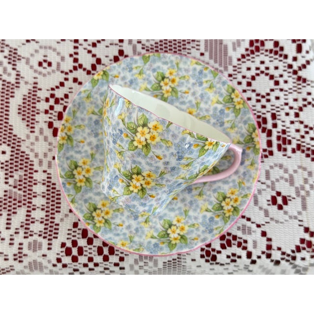 Blue Shelley Primrose Chintz Teacup and Saucer, Fine Vintage English Bone China For Sale - Image 8 of 8