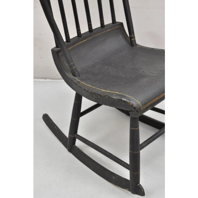 Black Antique Colonial Stencil Back Black Painted Plank Bottom Rocker Rocking Chair For Sale - Image 8 of 12