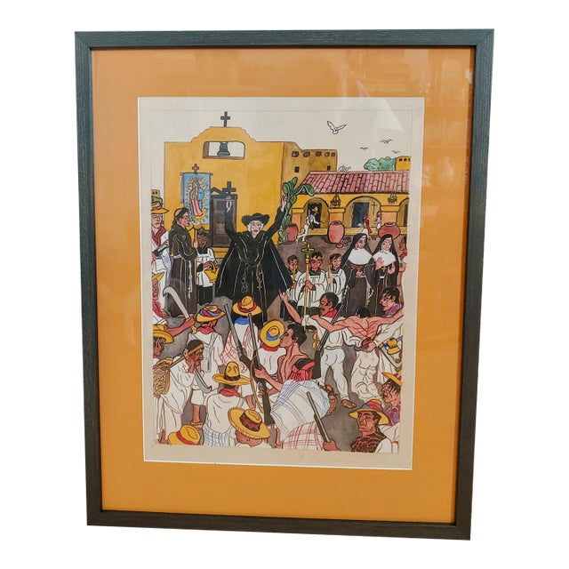 Early 20th Century Vintage Outsider Art Folk Art El Grito Dolores Watercolor Painting, Framed For Sale