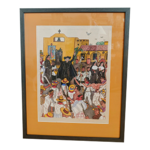 Early 20th Century Vintage Outsider Art Folk Art El Grito Dolores Watercolor Painting, Framed