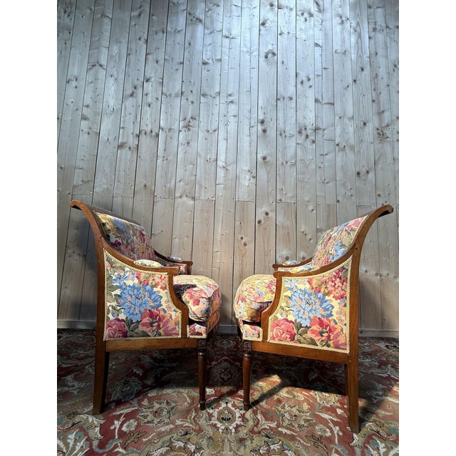 Wood Large Louis XVI Style Bergère Lounge Chairs, 1960s, Set of 2 For Sale - Image 7 of 8